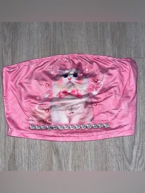 SHEIN Light Pink Satin Bandeau Top with Kitty Detail